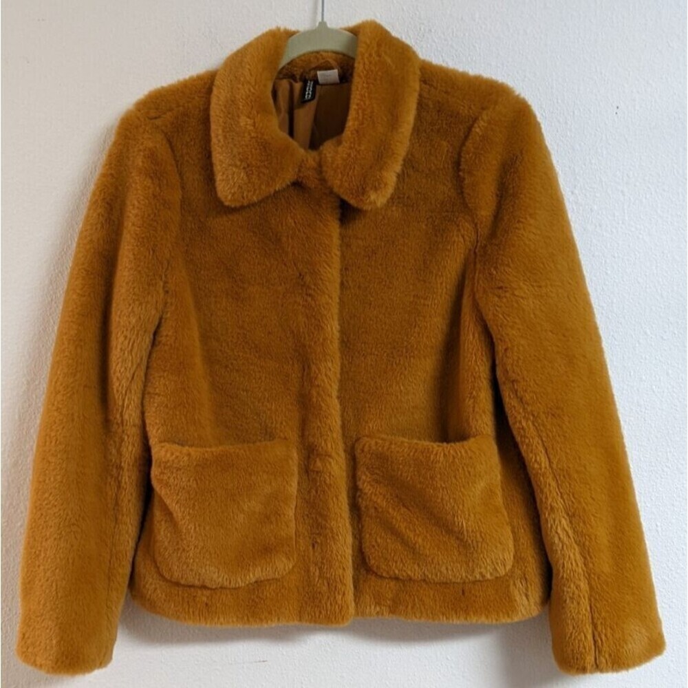Women's Gold H & M DIVIDED Faux Fur Short Snap-Front Jacket SM